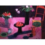 Ann Oram RSW (Scottish, B.1956) "Still Life On A Pink Table" acrylic on gesso board, signed to lower