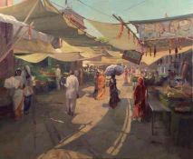 Frances Bell RP (British, B.1983) "Sadar Market, Jodhpur", oil on canvas, signed to lower right,