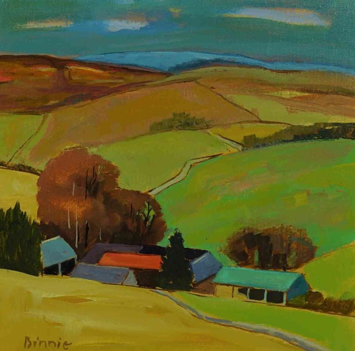 Andrew Binnie (British, B.1935) "Cheviot Hill Farm" oil on canvas, signed to lower left, 36cm x 36cm - Image 5 of 5