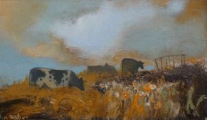 Helen Tabor (British, B.1960) "Cows Amongst the Thistles", oil on board, signed to lower left,