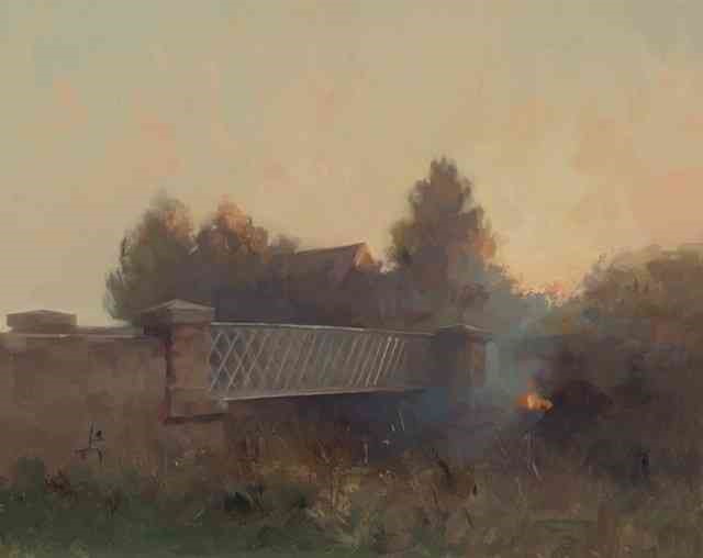 Frances Bell RP (British, B.1983) "Fire at Redscar", oil on canvas, signed to lower right, 41cm x 51