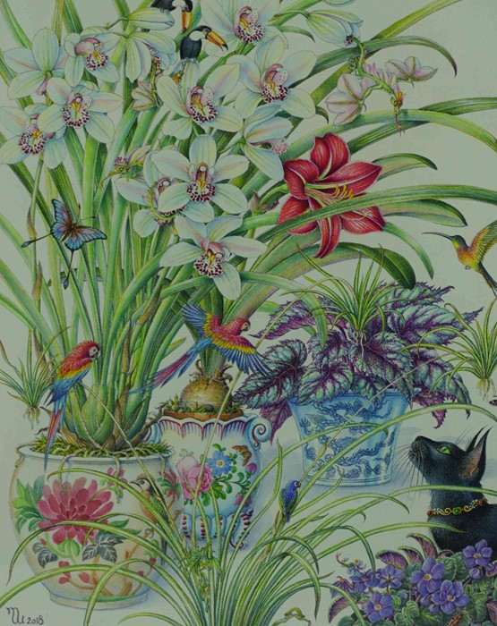 Margaret Walty (British, B.1952) "Indoor Jungle", acrylic on paper, initials and dated 2018 to lower - Image 3 of 5