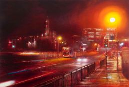 Lesley Anne Derks BA(Hons) (British, B.1977) "Waverley Bridge - Night", oil & enamel on canvas,