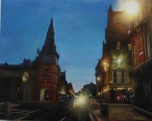 Lesley Anne Derks BA(Hons) (British, B.1977) "The Trongate by Night", oil on board, signed to