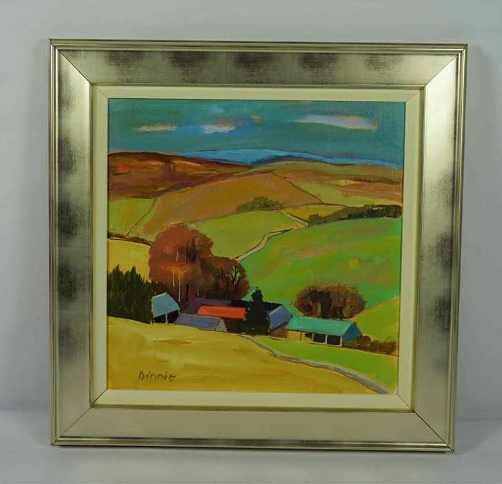 Andrew Binnie (British, B.1935) "Cheviot Hill Farm" oil on canvas, signed to lower left, 36cm x 36cm - Image 2 of 5