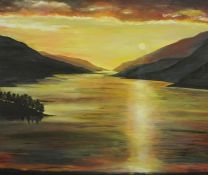 Anne White (Scottish, B.1960) "Sunset over Loch Shiel" oil, signed to lower right, 51cm x 58cm (