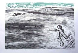 Angela Lemaire (British, B.1944) "Chasing the Hare", woodcut, signed to lower right in pencil and