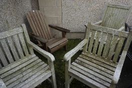 Four Wooden Garden Chairs, To include an American Adirondack wood Chair, 87cm, 93cm, 106cm high, (