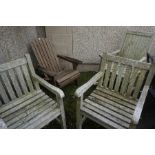 Four Wooden Garden Chairs, To include an American Adirondack wood Chair, 87cm, 93cm, 106cm high, (