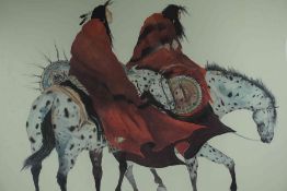 Carole Gigg (Contemporary) "Native Indians on Horseback" Watercolour on Paper, Signed in pencil,