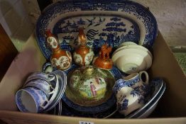 Box of 19th century and Later Ceramics, To include a Canton Famille Rose vase cover, A pair of