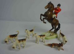 Beswick Porcelain Hunting Group, Comprising of a Huntsman on Horseback, With five Hounds and Fox,