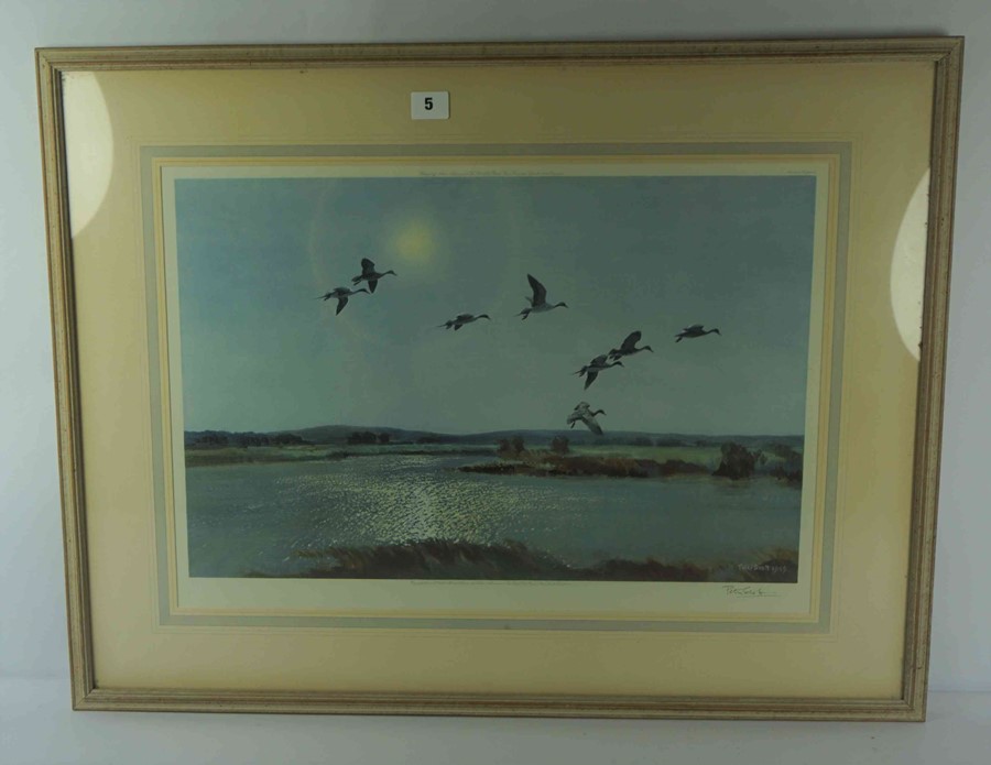 Peter Scott (1909-1989) "Flying Ducks" Signed Print, Signed in pencil, Blind stamp to lower left, - Image 3 of 4