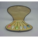 Set of Six Silver Gilt and Enamel Coffee Spoons, Harlequin coloured, Stamped HM and 925 to the