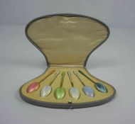 Set of Six Silver Gilt and Enamel Coffee Spoons, Harlequin coloured, Stamped HM and 925 to the