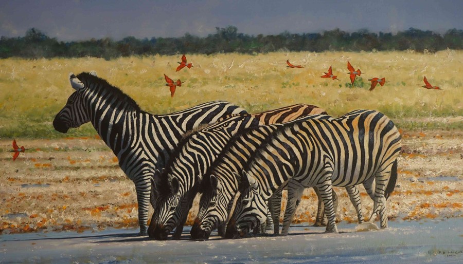 Pip McGarry (British, B.1955) "Zebras" Oil on Canvas, Signed and Dated 2011 to lower right, 49.5cm x