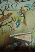 J.C. Irvin "Birds" Oil on Canvas, Signed to lower left, 39cm x 29cm, Also with an Oriental style