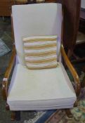 Mahogany Rocking Chair, Upholstered in Cream fabric, 91cm high