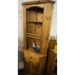 Modern Pine Corner Cupboard, Having open shelves above a single drawer and door, 192cm high, 77cm