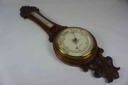 J.Lizars of Edinburgh, Edwardian Oak Aneroid Banjo Barometer, Having a Thermometer gauge to the top,