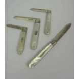 Four Silver Bladed Fruit Knifes, Having Mother of Pearl grips, To include Hallmarks for Sheffield,