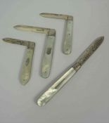 Four Silver Bladed Fruit Knifes, Having Mother of Pearl grips, To include Hallmarks for Sheffield,