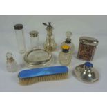 Mixed Lot of Silver, To include Silver top Toilet bottles, Silver and Enamel clothes brush etc, (