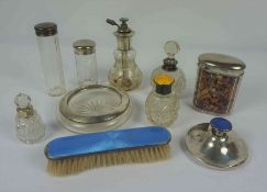 Mixed Lot of Silver, To include Silver top Toilet bottles, Silver and Enamel clothes brush etc, (