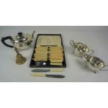 Quantity of Silver Plated Wares, To include a three piece Tea Set, Pair of Soli Fleurs, Pair of