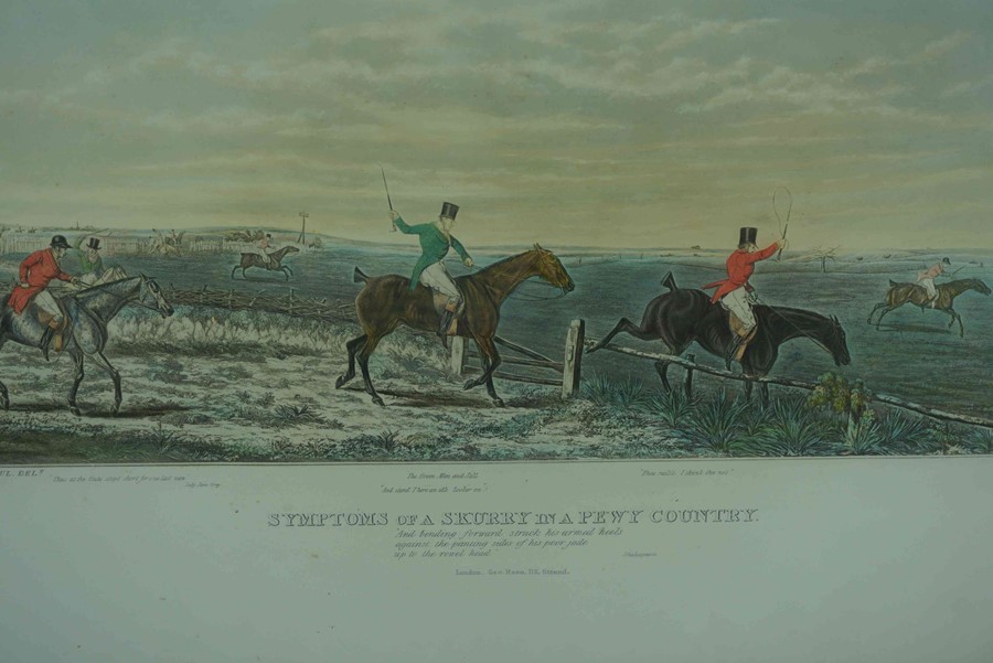 Set of Four Hunting Prints, Leicestershire, Titled "Symptoms of a Skurry in a Pewy Country" "The