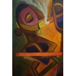Contemporary "Abstract Figures" Oil on Canvas, Signed indistinctly, 90cm x 59cm, In an oak style