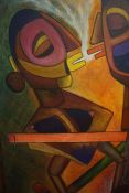 Contemporary "Abstract Figures" Oil on Canvas, Signed indistinctly, 90cm x 59cm, In an oak style