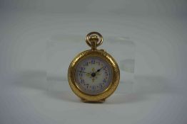 14K Gold Ladies Fob Watch, Stamped 14k to inside of case, Having an Enamel dial with Arabic