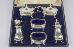 Silver Six Piece Condiment Set, Hallmarks for Walker & Hall Birmingham, Two with blue glass