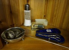 Small Lot of Silver and Silver Plate, To include a pair of Grape Scissors in fitted case, Napkin