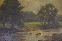 SS Herwin "River Scene" Oil on Board, Signed to lower left, 29.5cm x 39cm