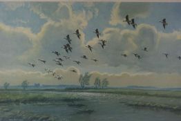 Peter Scott (1909-1989) "Flying Ducks" Signed Print, Signed in pencil, Blind stamp to lower left,