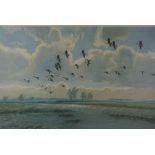 Peter Scott (1909-1989) "Flying Ducks" Signed Print, Signed in pencil, Blind stamp to lower left,