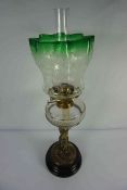 Duplex Oil Lamp, Having a Green tinted glass shade, With glass funnel, 61cm highCondition reportVery