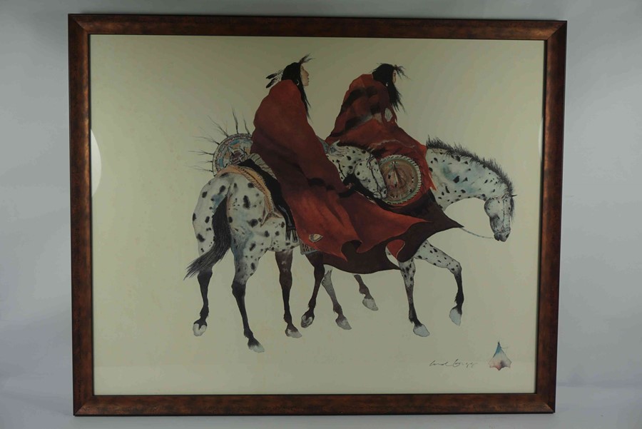 Carole Gigg (Contemporary) "Native Indians on Horseback" Watercolour on Paper, Signed in pencil, - Image 3 of 3