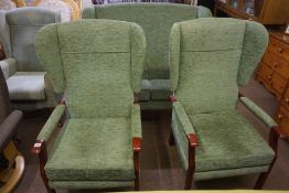 Vintage Style Three Piece Lounge Suite, Upholstered in green fabric, Comprising of a two seater