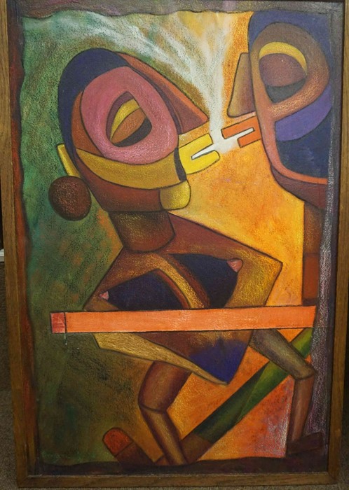 Contemporary "Abstract Figures" Oil on Canvas, Signed indistinctly, 90cm x 59cm, In an oak style - Image 2 of 4