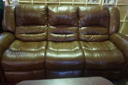 Reclining Brown Hide Three Seater Sofa, 100cm high, 221cm wide, 91cm deep