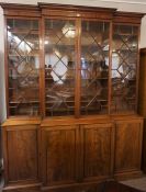 Victorian Mahogany Breakfront Library Bookcase, Having a moulded cornice above four large glazed