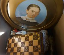 Two Boxes of Sundries, To include a Chess Set, Dolls etc, Also with two Suitcases and Portrait