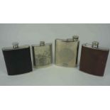 Ten Assorted Stainless Steel Hip Flasks, One example having panels of Golfers, 10cm, 13cm, 15cm,