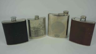 Ten Assorted Stainless Steel Hip Flasks, One example having panels of Golfers, 10cm, 13cm, 15cm,