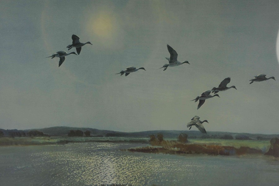 Peter Scott (1909-1989) "Flying Ducks" Signed Print, Signed in pencil, Blind stamp to lower left,