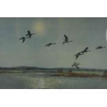 Peter Scott (1909-1989) "Flying Ducks" Signed Print, Signed in pencil, Blind stamp to lower left,