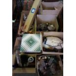 Eight Boxes of Sundries, To include China and Glass, Projector screen, Dress Hat in Box, Silver